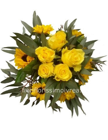 Mazzo di girasoli e rose gialle